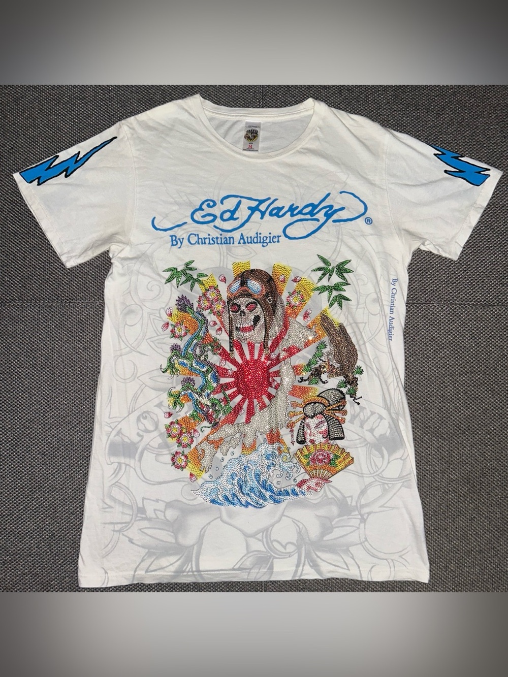 Rare Y2K Ed Hardy Christian Audigier AOP White Tee Rhinestone Japanese Motif